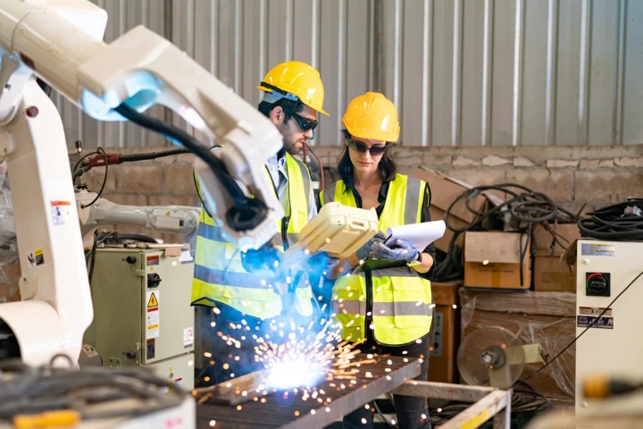 Robotics engineers working on maintenance of robot